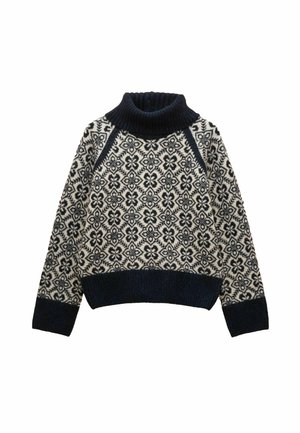 Navy- und cremefarbener Strickpullover mit hohem Kragen, floralem Muster, gerippten Bündchen und Saum sowie Raglanärmeln. Weicher Textur, lockere Passform.
