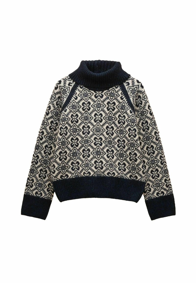 Navy- und cremefarbener Strickpullover mit hohem Kragen, floralem Muster, gerippten Bündchen und Saum sowie Raglanärmeln. Weicher Textur, lockere Passform.
