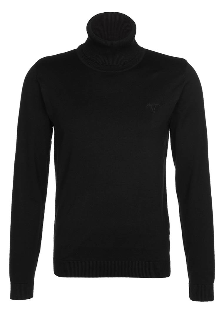 Schwarzer Rollkragenpullover, aus glattem Stoff, körperbetonter Schnitt, gerippter Kragen und Bündchen, mit einem dezenten Logo auf der Brust akzentuiert.