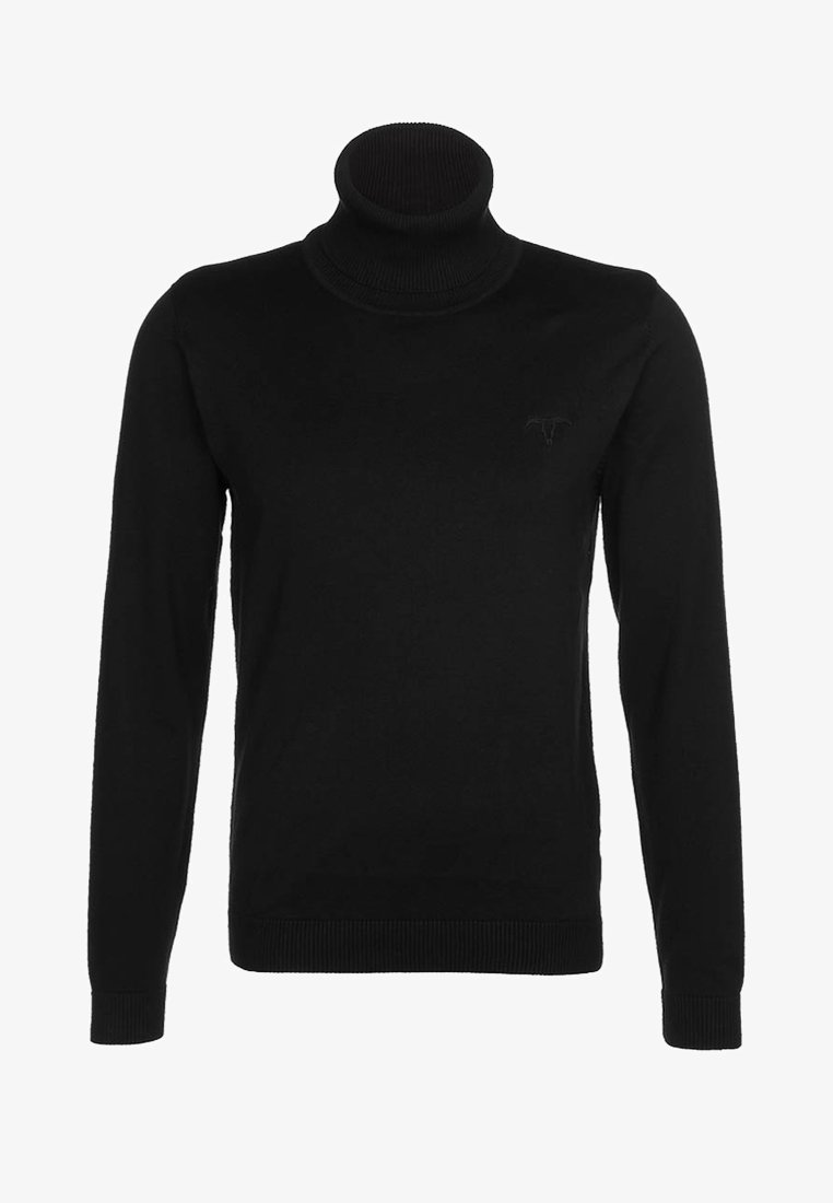 Schwarzer Rollkragenpullover, aus glattem Stoff, körperbetonter Schnitt, gerippter Kragen und Bündchen, mit einem dezenten Logo auf der Brust akzentuiert.