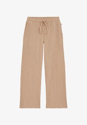 Pantaloni da lounge in maglia beige testurizzata con vita regolabile a coulisse e gambe ampie, progettati per il comfort casual.