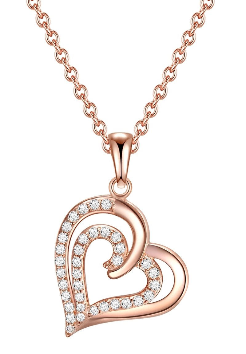 Ogrlica s privjeskom od ružičastog zlata u obliku srca s uvijenim dizajnom, ukrašena prozirnim rhinestonesima duž rubova, obješena na lancu.