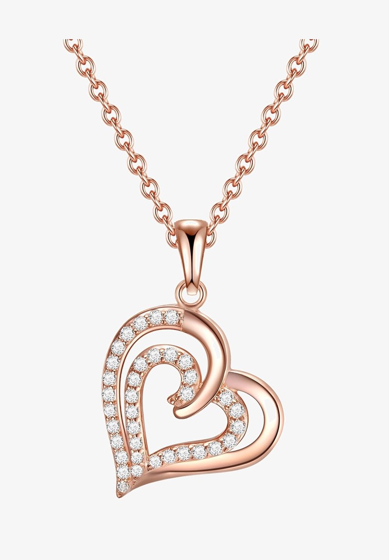 Halsband med hjärtformad roséguldfärgad berlock med en vriden design, accentuerad av klara rhinstenar längs kanterna, hängande från en kedja.