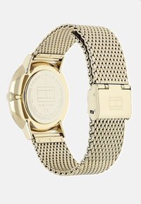 Montre en acier inoxydable doré avec un bracelet en maille, un boîtier rond et une fermeture à clip. Présente une gravure de la marque au dos.