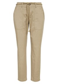 Pantalones de algodón color caqui con cintura elástica, detalle de cordón y dos bolsillos frontales. Diseño de pierna ajustada con una textura suave.