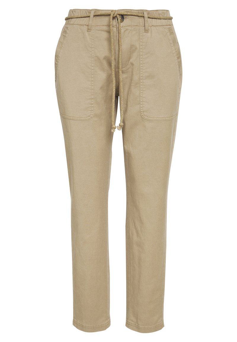 Pantalones de algodón color caqui con cintura elástica, detalle de cordón y dos bolsillos frontales. Diseño de pierna ajustada con una textura suave.