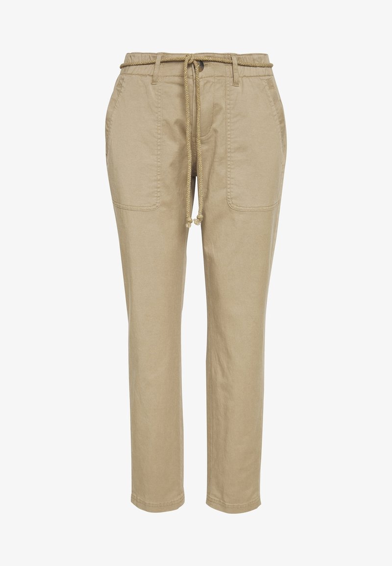Pantalones de algodón color caqui con cintura elástica, detalle de cordón y dos bolsillos frontales. Diseño de pierna ajustada con una textura suave.
