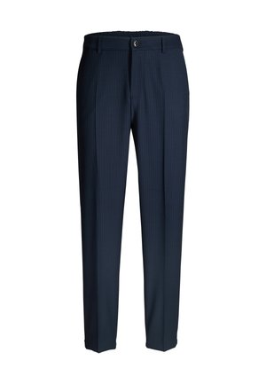 Pantaloni formali blu navy con motivo a sottili righe, chiusura con bottone e cerniera, passanti per cintura, mostrati su sfondo bianco.