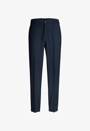 Marineblaue formelle Hose mit dezentem Nadelstreifenmuster, Knopf- und Reißverschluss sowie Gürtelschlaufen, dargestellt vor weißem Hintergrund.