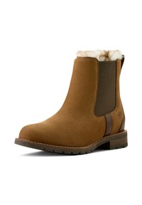 Braune Wildleder-Ankelstiefel mit elastischen Seitenpanelen, Kunstfellfutter und genähten Details. Gummisohle mit strukturiertem Grip.