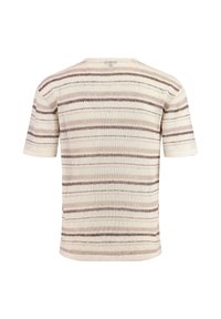 Maglietta a maniche corte in maglia con righe orizzontali beige e marroni, texture leggera, scollo rotondo e vestibilità rilassata.
