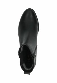 Black leather ankle boot with a smooth finish, pointed toe, zipper closure on the side, and a pull tab at the heel.