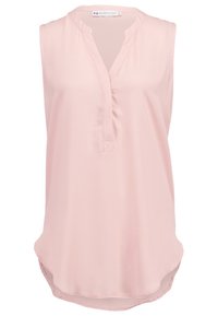 Canotta leggera di colore rosa chiaro in tessuto morbido, con scollatura a V e pattina con bottoni. Presenta un orlo arrotondato per una vestibilità comoda.