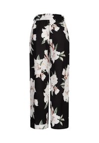 Svarte blomstrete bukser med store hvite og rosa blomster, avslappet passform, elastisk midjebånd og glatt tekstur.