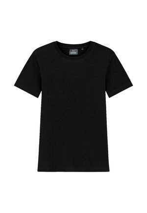 Schwarzes Baumwoll-T-Shirt mit kurzen Ärmeln, rundem Halsausschnitt und geradem Schnitt. Das Etikett auf der Innenseite zeigt die Größe M an. Keine sichtbaren Muster oder Akzente.