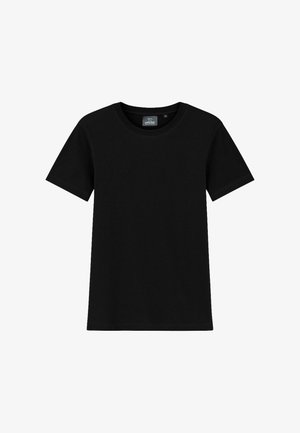 T-shirt in cotone nero con maniche corte, scollatura rotonda e vestibilità dritta. L'etichetta interna indica la taglia M. Nessun motivo o dettaglio visibile.