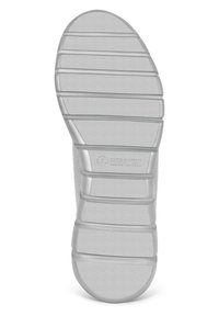 Graue Gummisohle mit horizontalen Rillen und strukturiertem Oberflächen; mit eingeprägtem Markenlogo in der Nähe der Ferse für zusätzliche Details.