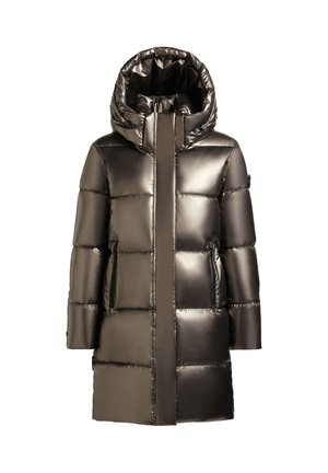 Metallic puffer coat featuring a hood, quilted design, and two zippered side pockets. It has a smooth, shiny texture and a straight silhouette.