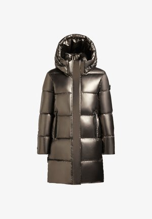 Metallic puffer coat featuring a hood, quilted design, and two zippered side pockets. It has a smooth, shiny texture and a straight silhouette.