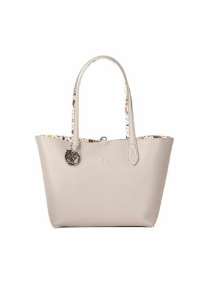 Sac fourre-tout gris clair avec texture lisse, motif floral à l'intérieur, longues anses et détail en charme argenté. Design sans fermeture.