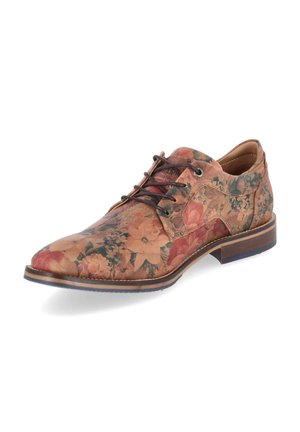 Skórzane męskie eleganckie buty sznurowane z cienkim, spiczastym noskiem i wielokolorowym kwiatowym wzorem w odcieniach brązu, czerwieni i zieleni.