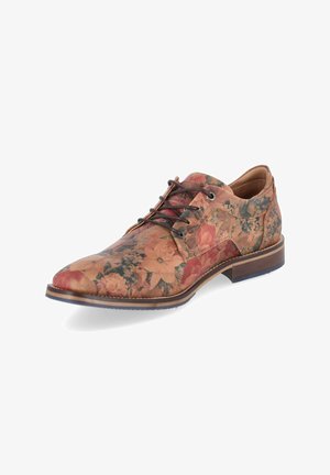 Skórzane męskie eleganckie buty sznurowane z cienkim, spiczastym noskiem i wielokolorowym kwiatowym wzorem w odcieniach brązu, czerwieni i zieleni.