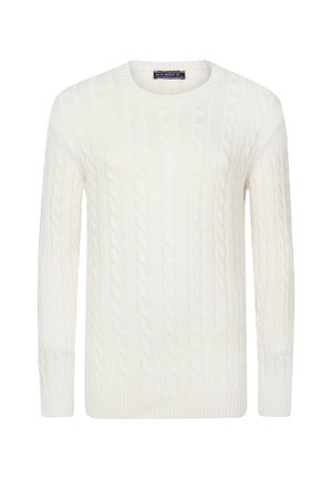 Weißer Kabelstrickpullover mit Rundhalsausschnitt, langen Ärmeln und gerippten Bündchen sowie Saum. Die Oberflächenstruktur weist ein erhabenes Kabelmuster auf.