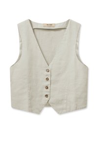 Světle béžová lněná vesta s hlubokým výstřihem do V, pěti dřevěnými knoflíky vpředu a bez rukávů. Čistý, minimalistický tvar.