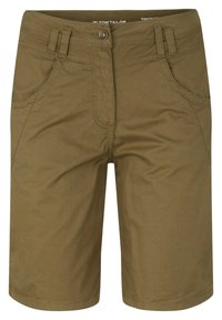 Olijfgroene shorts van zachte stof, met een knoopsluiting, riemlussen en twee voorzakken met stiksel.details.