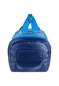 Borsa da viaggio blu con due manici imbottiti, forma rettangolare, texture liscia, tasca frontale e chiusura con zip, realizzata in materiale resistente.