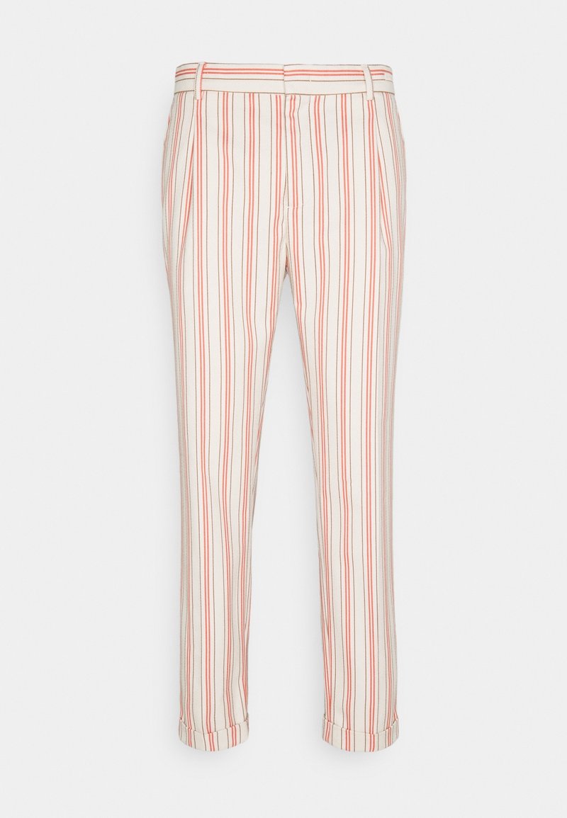 Gestreepte broek van een lichtgewicht stof, met verticale rode en witte strepen, taps toelopende enkels en een omgeslagen zoom.