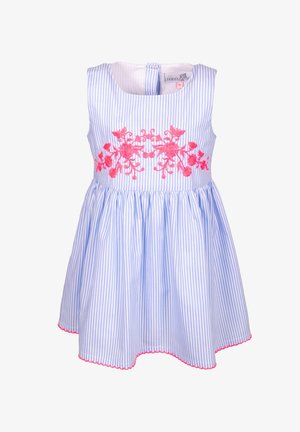 Bezramínkov dress modro-bíle pruhovaný s růžovou květinovou výšivkou na hrudi a růžovým lemováním na spodním okraji, navržený pro malou dívku.