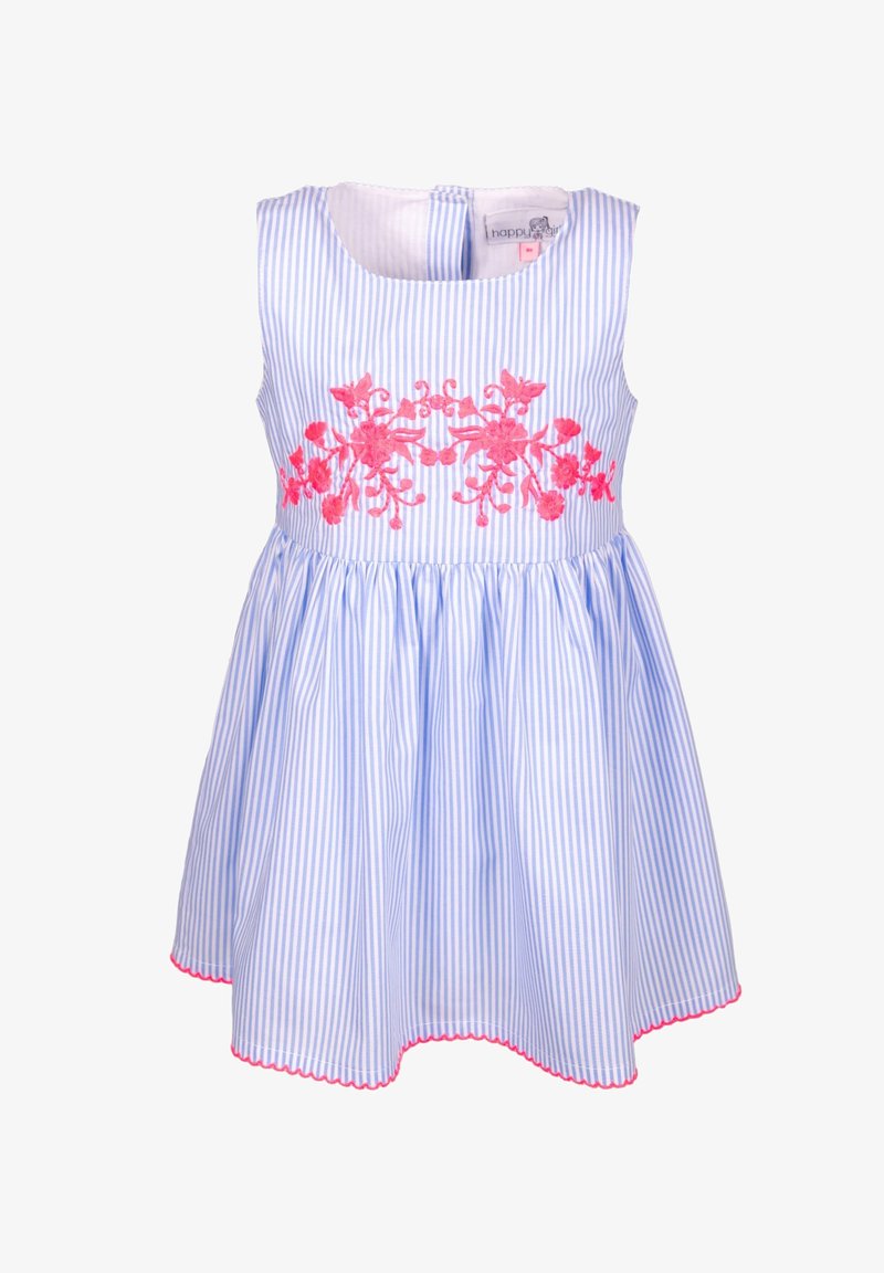 Bezramiona niebiesko-biała sukienka w paski z różowym haftem kwiatowym na klatce piersiowej i różowymi falbaniastymi wykończeniami u dołu, zaprojektowana dla małej dziewczynki.