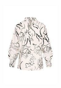 Blouse à manches longues en tissu crème ornée d'un motif floral en ligne noire, col montant et détail en forme de clé à l'arrière. Manches légèrement bouffantes.