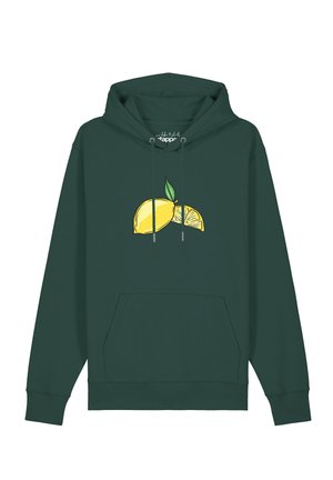 Sweat à capuche vert foncé avec une poche avant et un motif jaune de citron avec une feuille et une tranche de citron sur la poitrine.