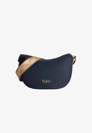 Borsa a tracolla a forma di mezzaluna di colore blu marina con logo dorato e tracolla regolabile beige, caratterizzata da un design di mappa vintage.