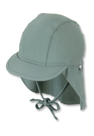 Green, soft fabric hat with a curved brim, long back flap for sun protection, and an adjustable tie at the neck. Features stitched seams.