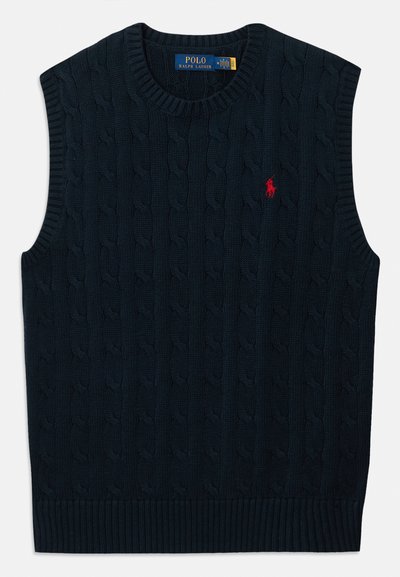 Chaleco sin mangas de punto cableado azul marino con cuello redondo y logo bordado en rojo de Polo Ralph Lauren en el lado izquierdo del pecho.