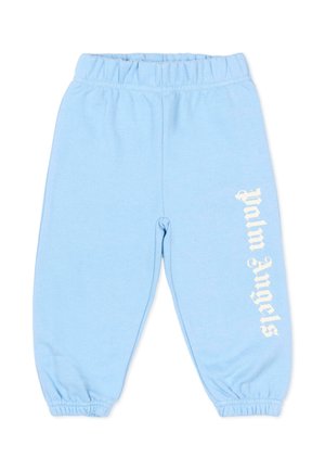Pantaloni della tuta azzurri chiaro con vita e polsini elasticizzati, con la scritta bianca "Palm Angels" in verticale sulla gamba destra.