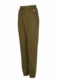 Olijfgroene joggerbroeken gemaakt van zachte stof, met een elastische tailleband, zijzakken en geribde boorden met een klein logo-detail.