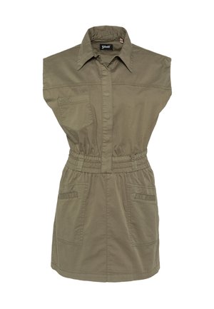 Khaki kortærmet kjole med krave, elastisk talje, lynlås foran og fire påsatte lommer, mærket "Schott" på brystlommen.