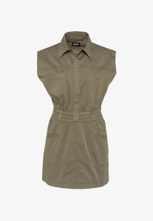 Robe kaki à manches courtes avec col, taille élastique, fermeture éclair avant et quatre poches plaquées, avec le logo "Schott" sur la poche poitrine.