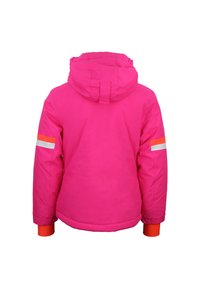 Fuchsia roze gewatteerde jas met een capuchon, voorzien van oranje en witte strepen op de mouwen en manchetten, een soepele textuur en een relaxte pasvorm.