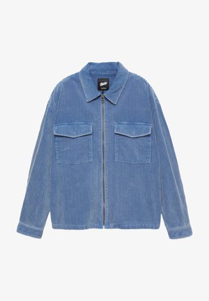 Blaue Cordjacke mit Reißverschluss, zwei Vorderaschen und einem kragenförmigen Halsausschnitt. Verfügt über vertikale Streifen und eine lockere Passform.