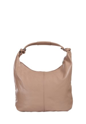 Zachte beige leren handtas met een enkel gebogen handvat, knoopdetails nabij metalen ringen en een bovenste ritssluiting.