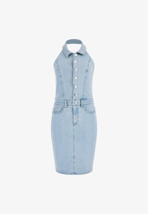 Hele sinine teksakleit, millel on kaelus, esine nupulukuga, keha lähedal siluett ja kaks esikotti. Sile tekstuur ja lihtne disain.