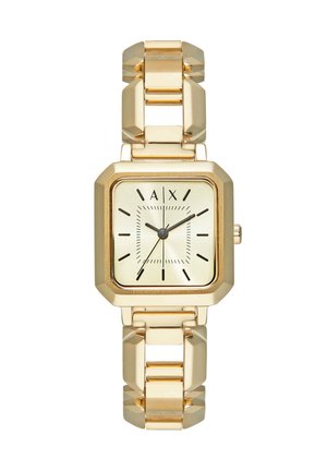 Goldfarbene quadratische Armbanduhr mit verbundenem Armband, cremefarbenem Zifferblatt, schwarzen Stundenmarkierungen und schlanken schwarzen Zeigern, die 10:10:35 anzeigen.