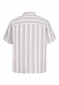 Chemise blanche à manches courtes avec de fines rayures bordeaux verticales et horizontales, vue de dos.