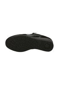 Calzature nere con suola in gomma testurizzata che presenta un motivo floreale, chiusura con zip e finitura lucida sul materiale superiore.