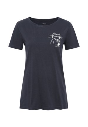 Navy blue cotton t-shirt with short sleeves. Front features a white cat graphic and text. Classic round neckline; soft texture.